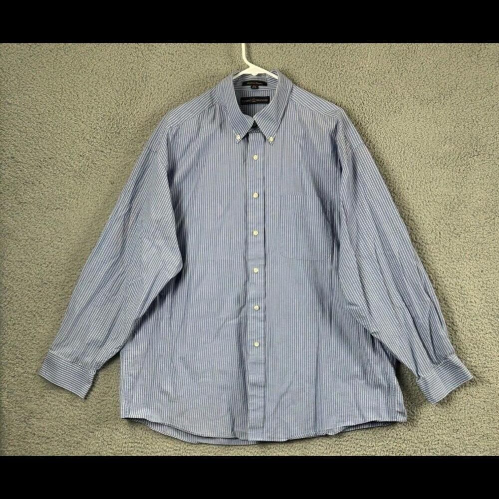TOMMY HILFIGER Shirt Mens 17 1/2 White Blue Striped Button Up Long Sleeve Cotton